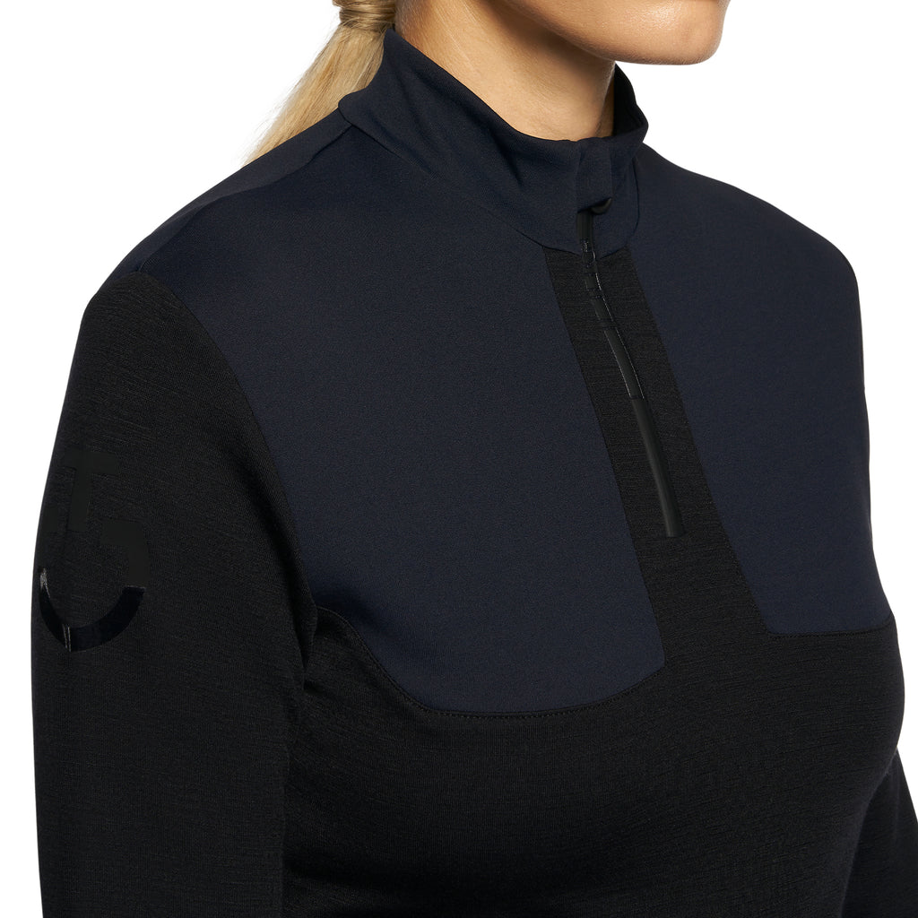 Cavalleria Toscana Women's Tech Wool CT Laser Cut Zip Long Sleeved Training Polo-Black